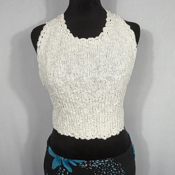 Express Tops - Vtg 90s Y2K EXPRESS Crochet Halter Top Med White Knit Beaded Tie Back Fairy Boho